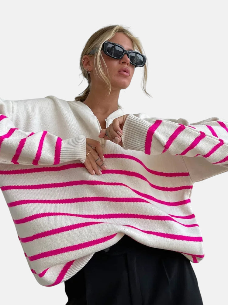Pull rayé rose et blanc