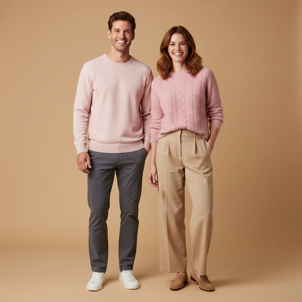 Un homme et une femme côte à côte portant des pulls roses pâle et poudré, pantalons neutres et sneakers blanches, sur fond beige. Image