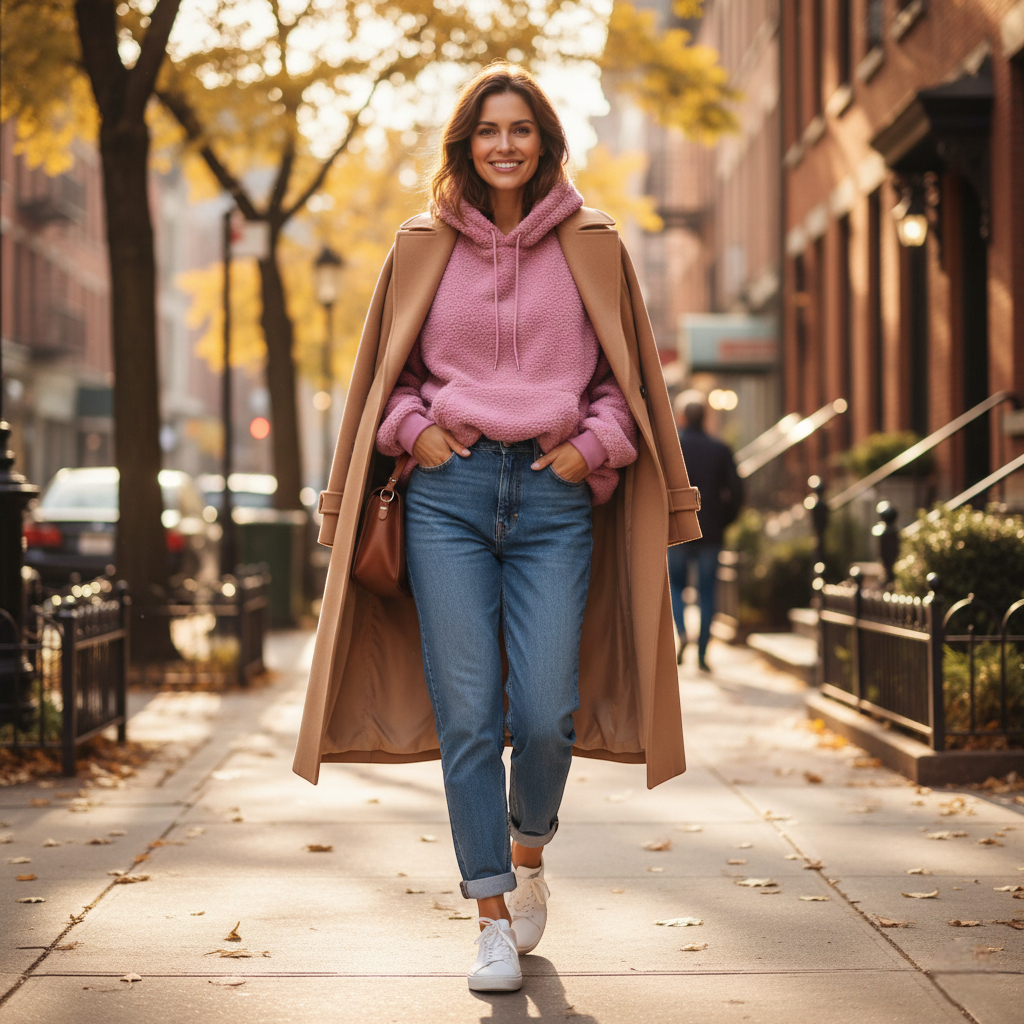 Pull à capuche rose en tissu polaire porté avec un jean décontracté et un manteau long beige. Image