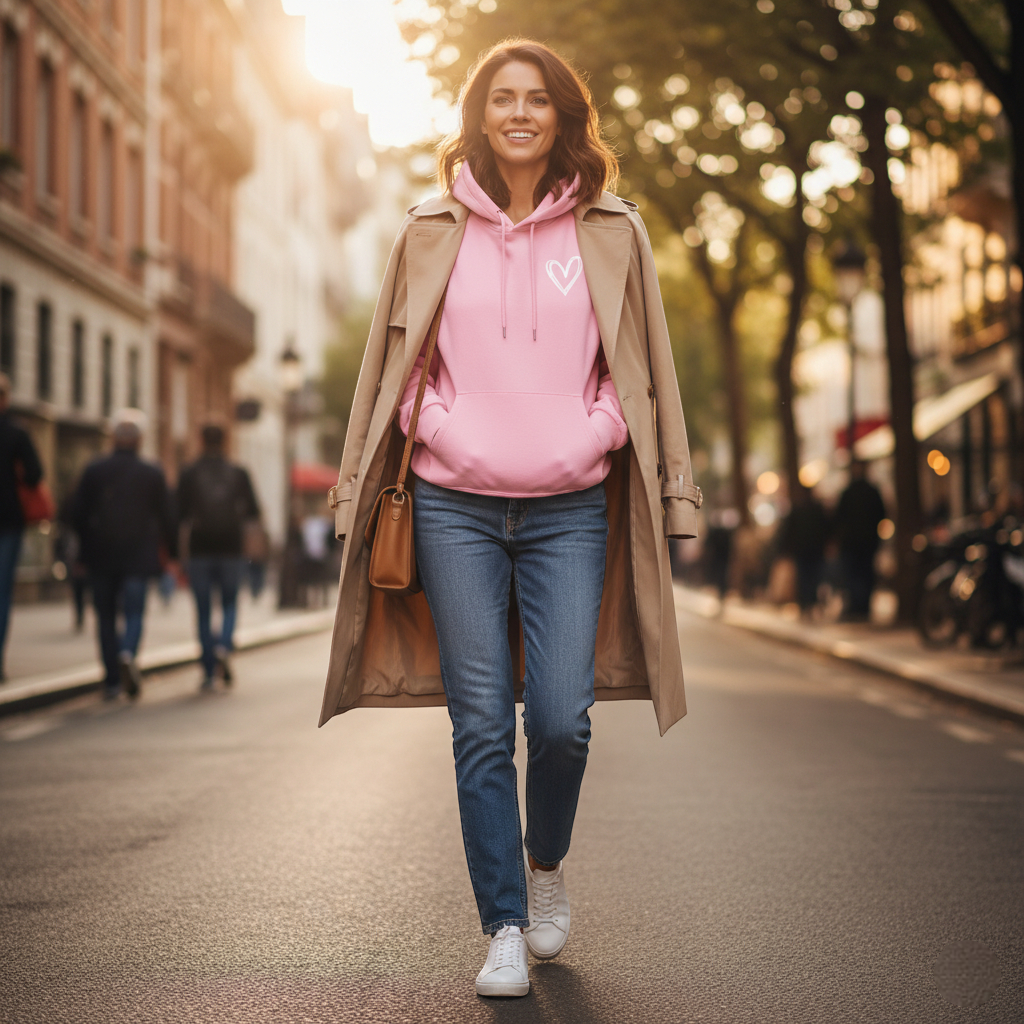 Pull à capuche rose pâle en coton, porté sous un trench beige avec jean et baskets blanches. Image