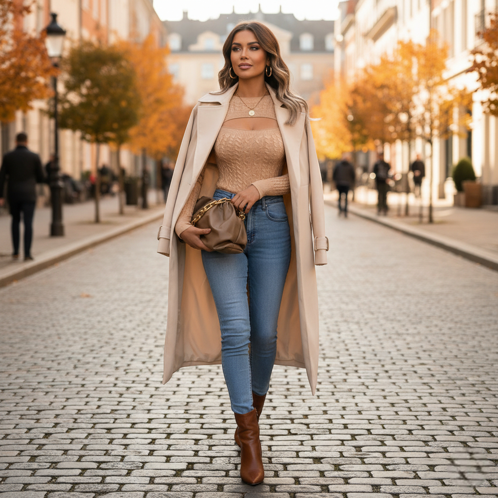 Pull beige ajouré femme en maille fine porté avec un jean slim, bottines marron et trench clair. Image
