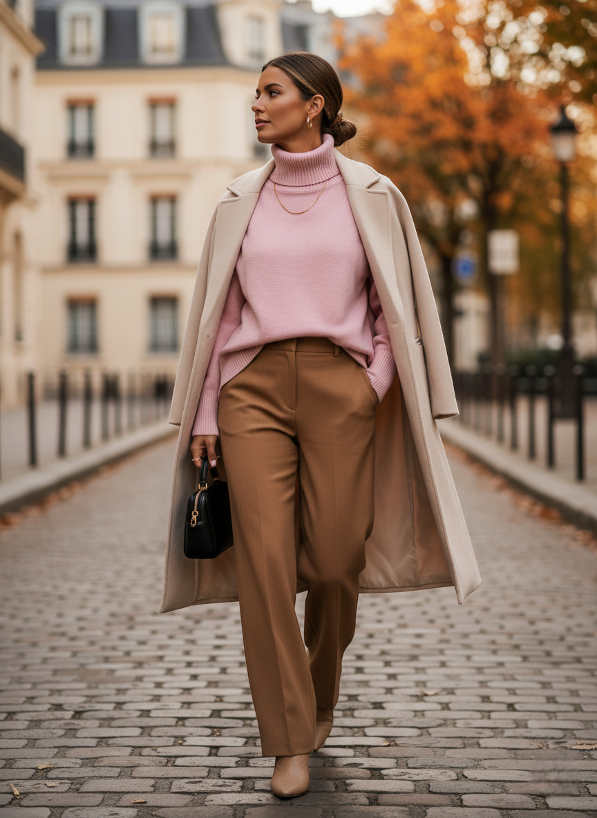Pull col roulé femme rose pâle en maille douce, porté avec un pantalon beige et un manteau clair. Image