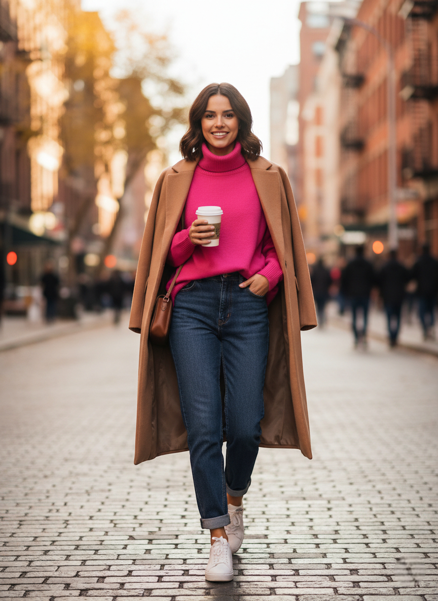 Pull col roulé rose fuchsia en maille douce, porté avec un jean brut et un manteau camel. Image