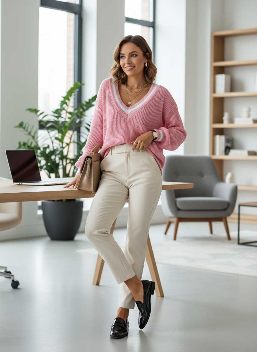 Pull col v rose en maille épaisse, porté avec un pantalon beige droit et des mocassins noirs. Image