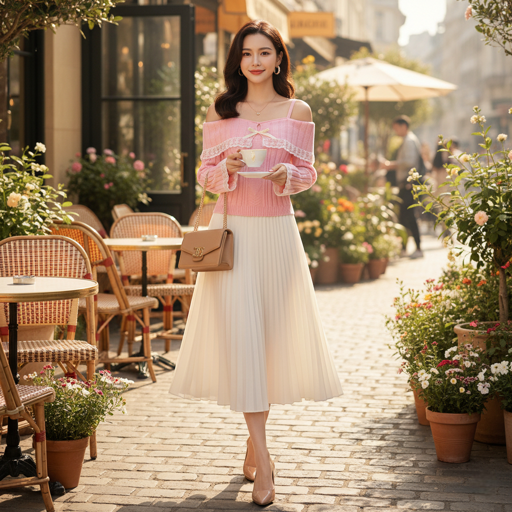 Pull dentelle rose en maille légère, à épaules dénudées et détails en dentelle blanche. Image