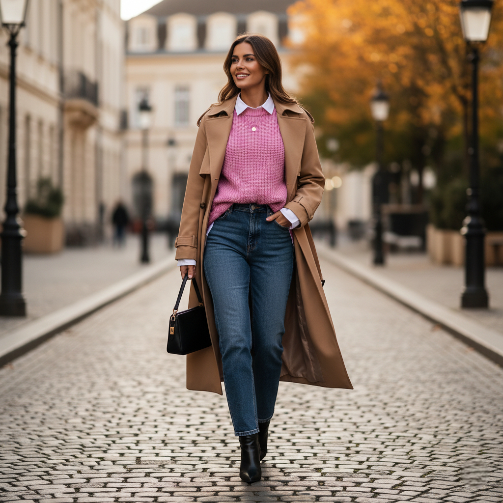 Pull en maille rose en laine porté avec un jean bleu et un manteau long beige en drap de laine. Image