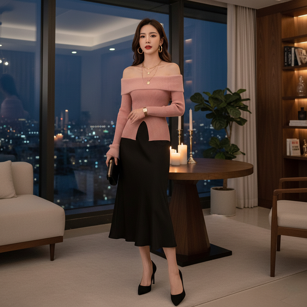 Pull epaule dénudée rose en maille fine, coupe ajustée, porté avec une jupe noire fluide. Image