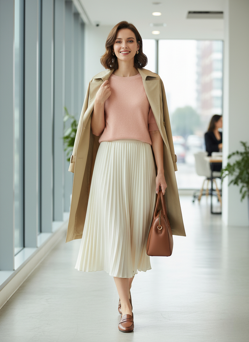 Pull fin rose poudré en maille légère, à manches courtes, porté avec une jupe plissée ivoire. Image