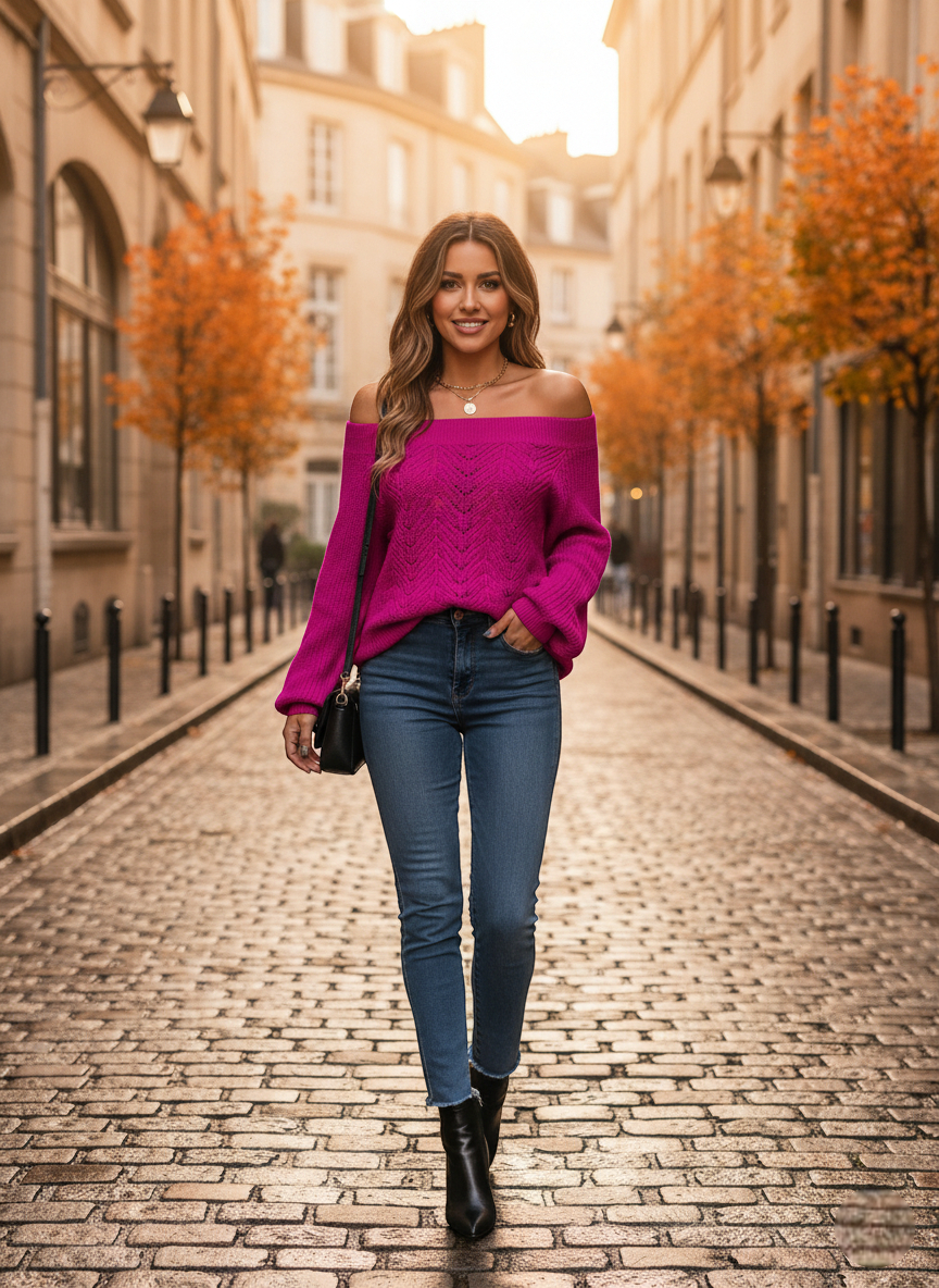 Pull fuchsia épaule dénudée en maille tricotée, coupe ample, porté avec un jean slim bleu. Image
