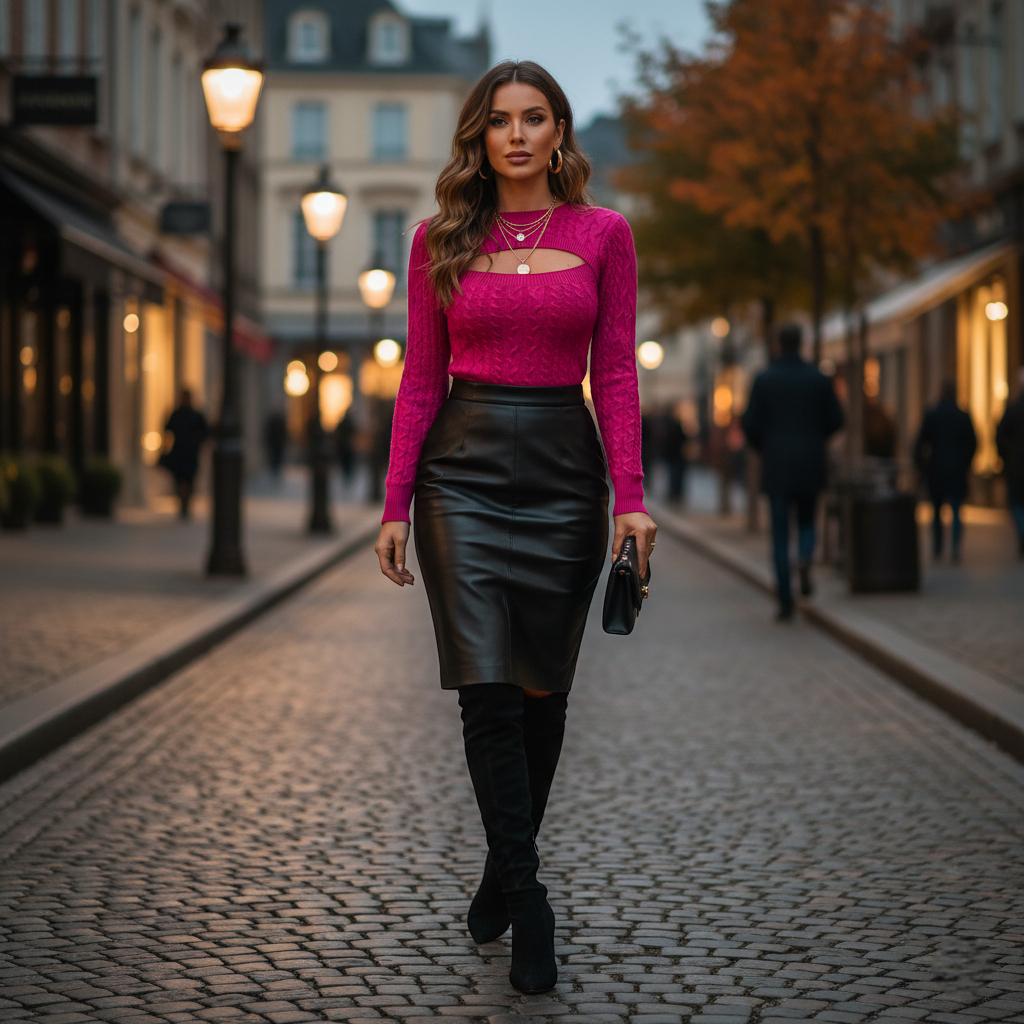 Pull fuchsia sexy femme en maille fine ajourée, porté avec une jupe noire en cuir lisse Image