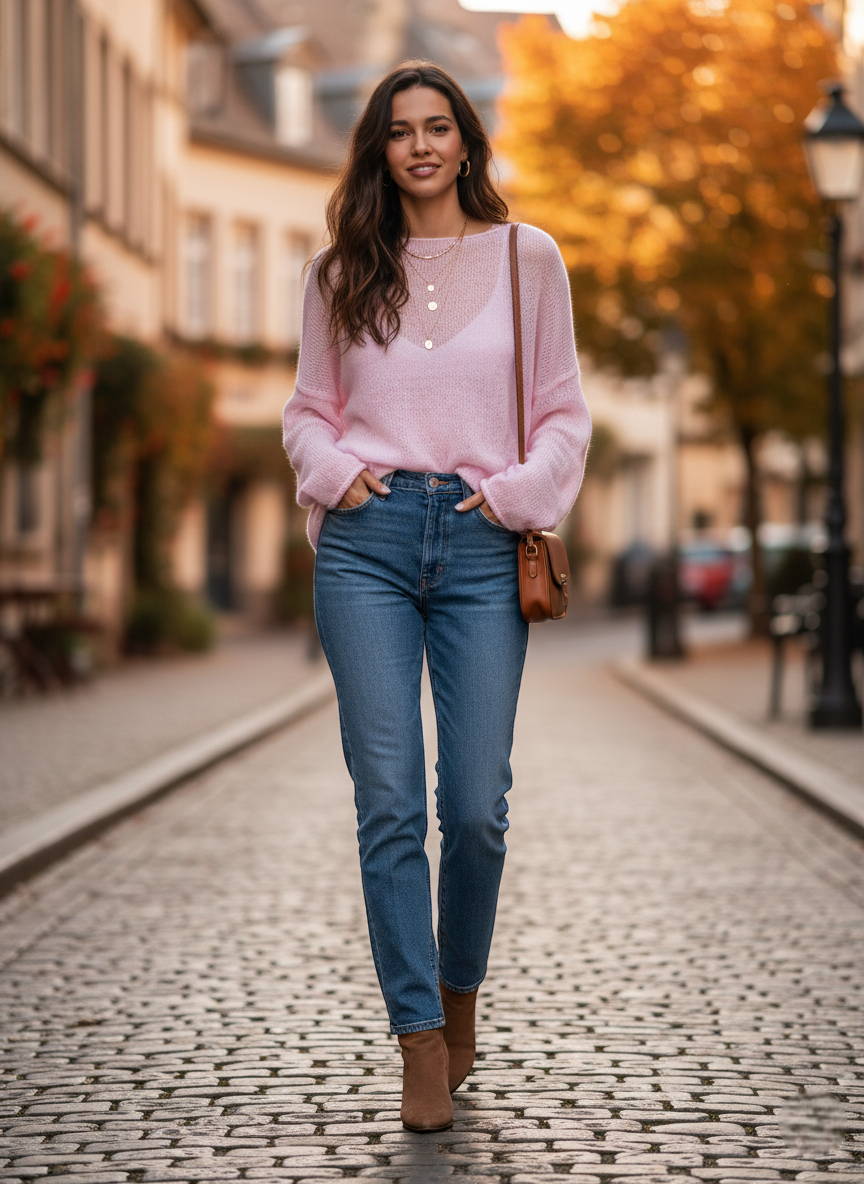 Pull leger rose en maille fine, col rond, porté avec un jean bleu et des bottines camel. Image