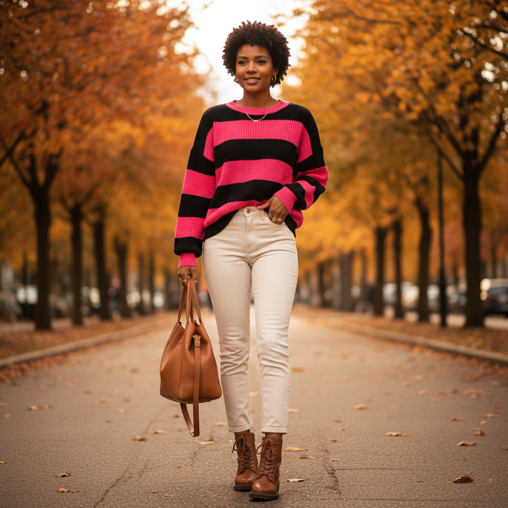 Pull noir et rose en maille épaisse, à rayures larges, porté avec un jean clair et des bottines. Image