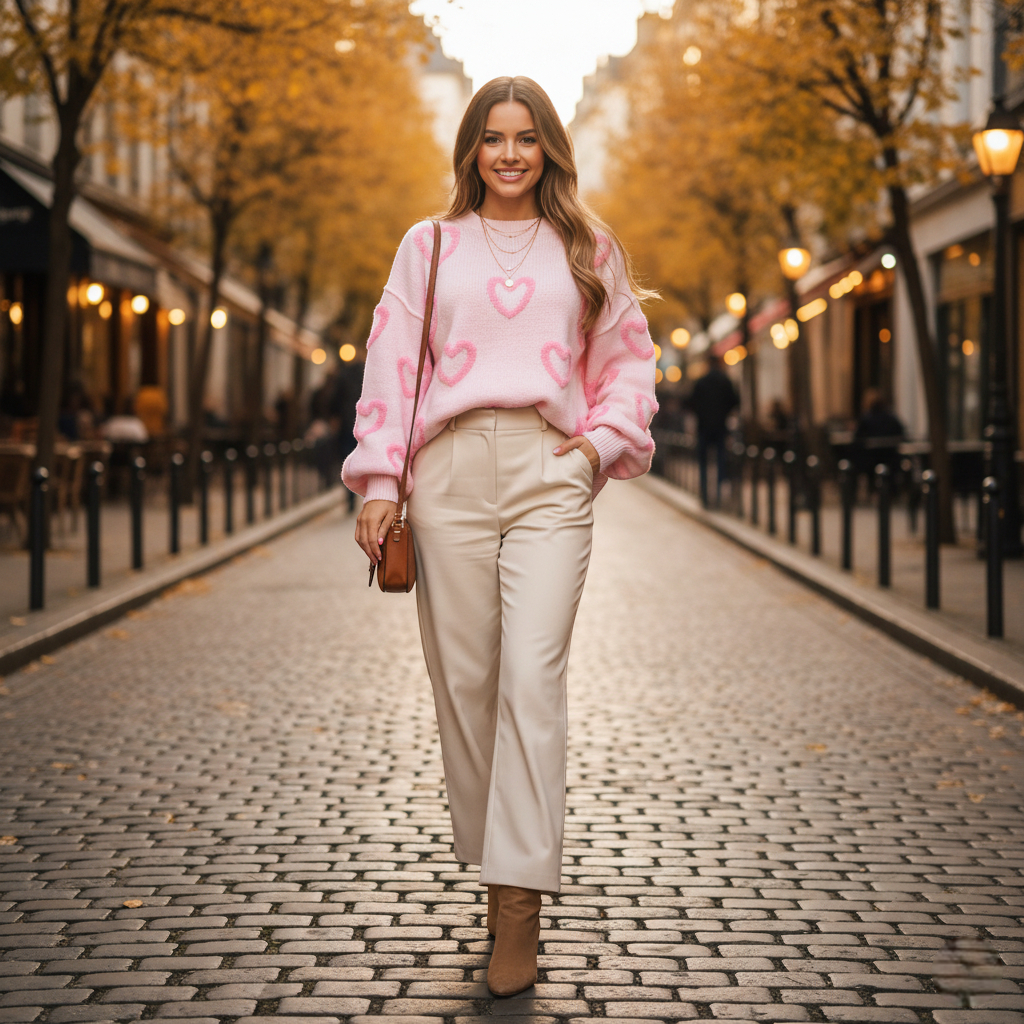 Pull oversize rose à cœurs en maille duveteuse, porté avec un pantalon beige et bottines. Image