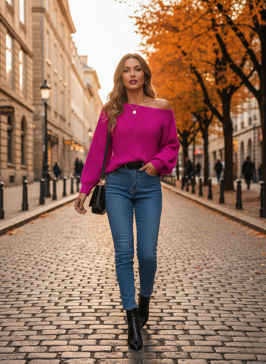Pull oversize rose fuchsia en maille épaisse, porté avec un jean slim et des bottines noires. Image