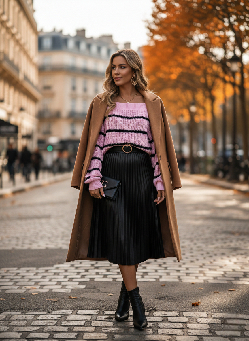 Pull rayé rose en maille épaisse, porté avec une jupe plissée noire et un manteau camel en laine. Image