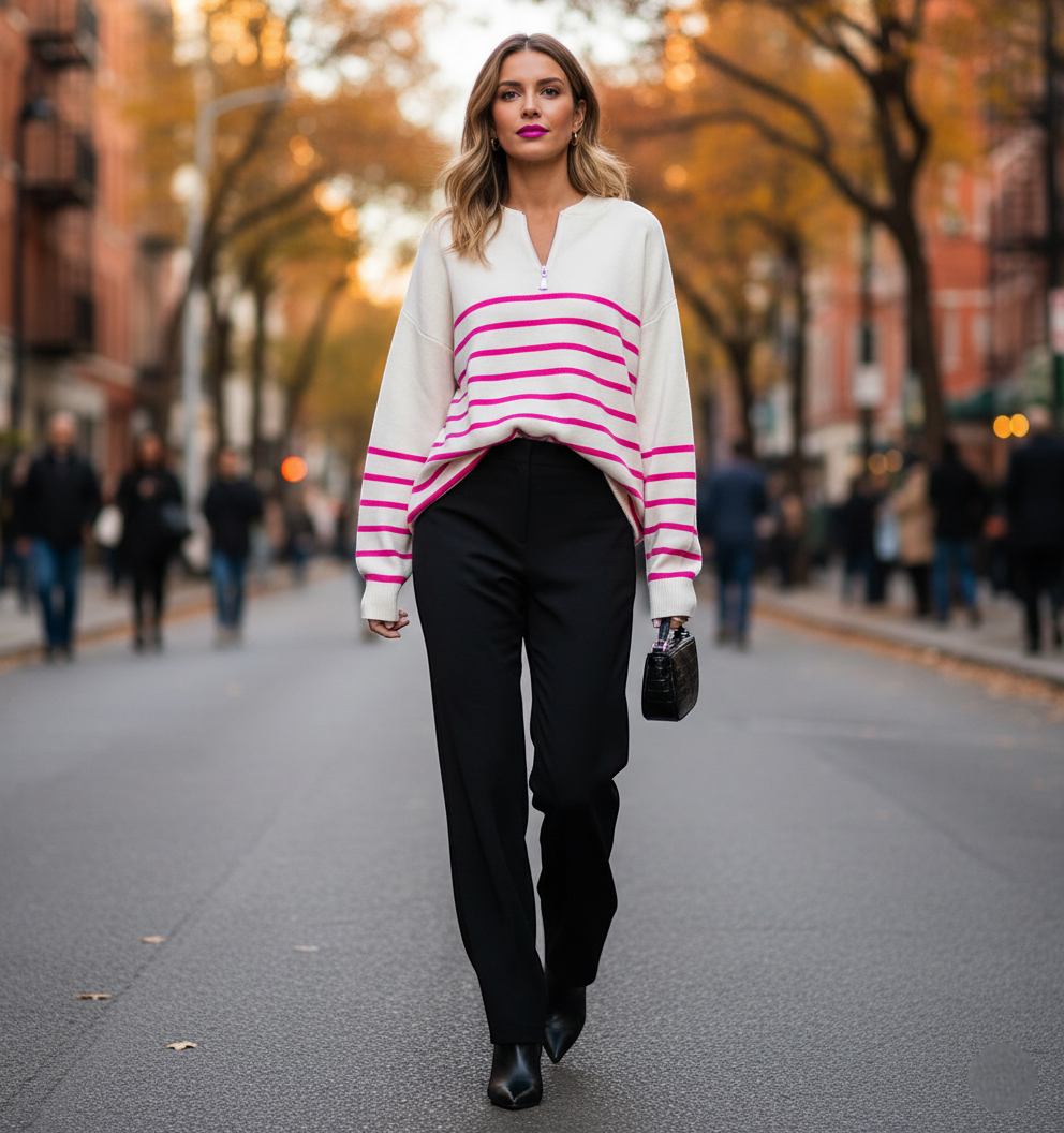 Pull rayé rose et blanc en maille coton, manches longues et col zippé, porté avec un pantalon noir. Image