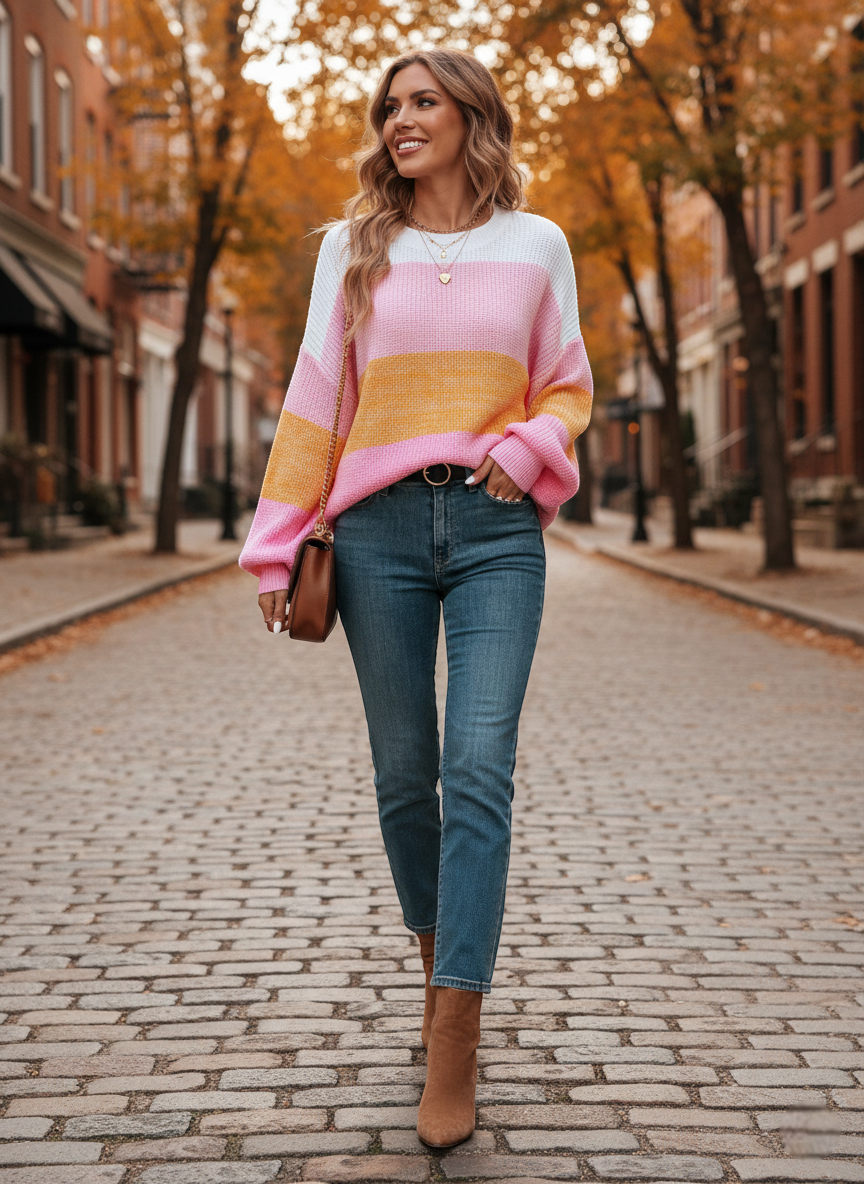 Pull rayé rose multicolore en maille épaisse, manches longues, coupe ample et col rond. Image