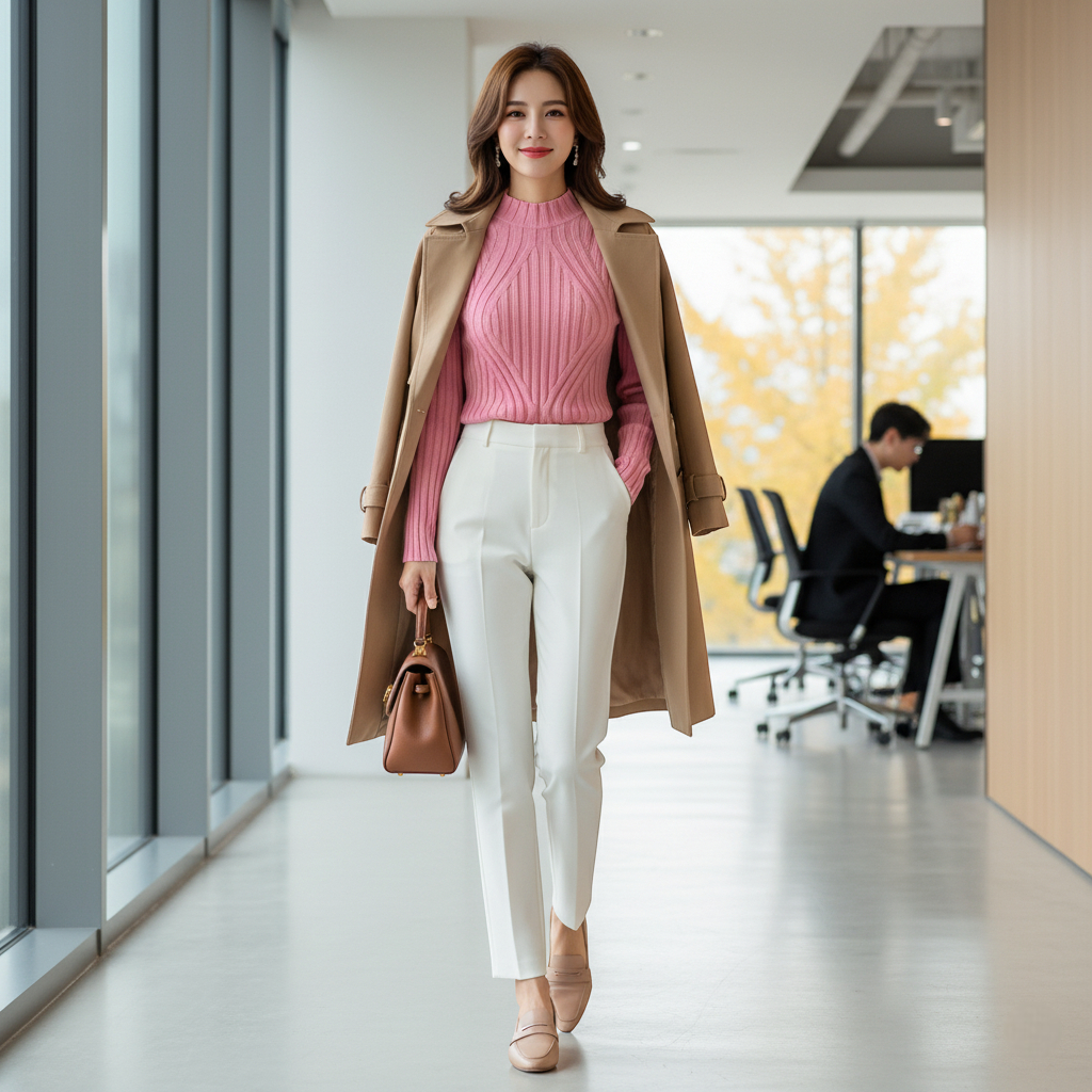 Pull rose bodyfit en maille côtelée, ajusté, à col rond, porté sous un manteau beige. Image