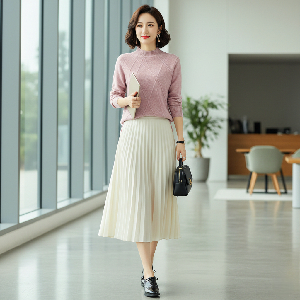 Pull rose col montant en maille fine, coupe droite avec détails côtelés aux manches et à la taille. Image