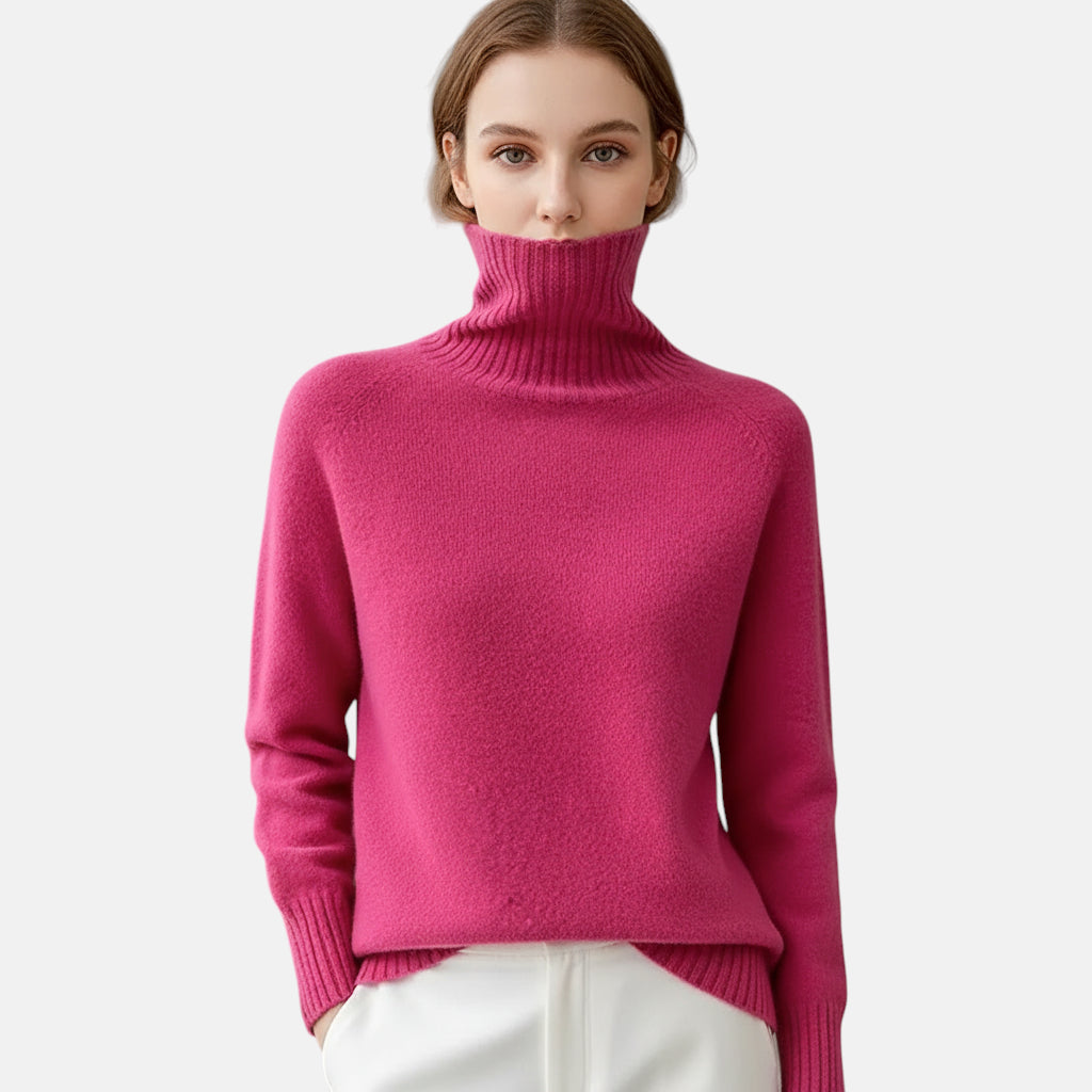 Pull rose fushia en laine col roulé