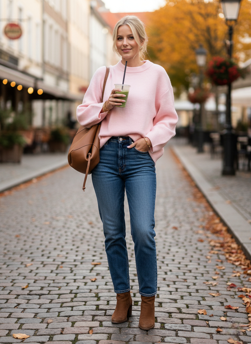 Pull rose pastel en maille douce, manches longues et coupe ample, porté avec un jean bleu. Image