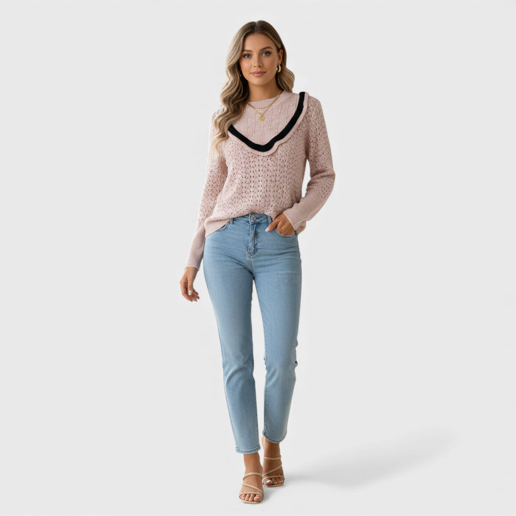 Pull rose poudré volant contrasté