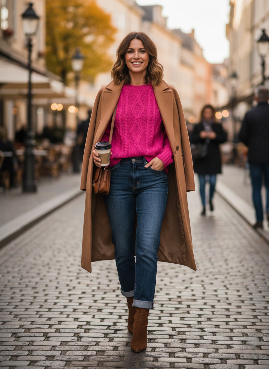 Pull rose vif en maille torsadée, porté avec un jean brut et un manteau long camel en laine. Image