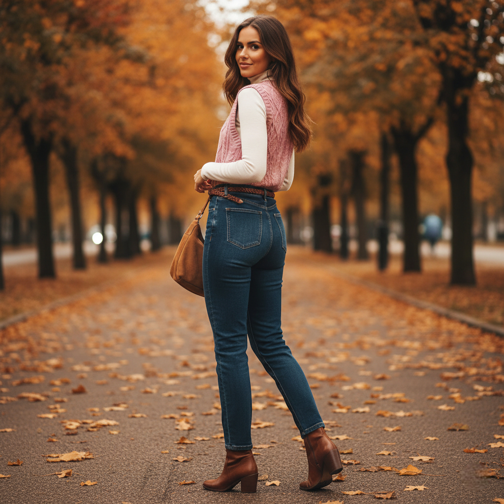 Pull sans manche rose pâle en maille tricot, porté sur un haut blanc, coupe classique féminine. Image