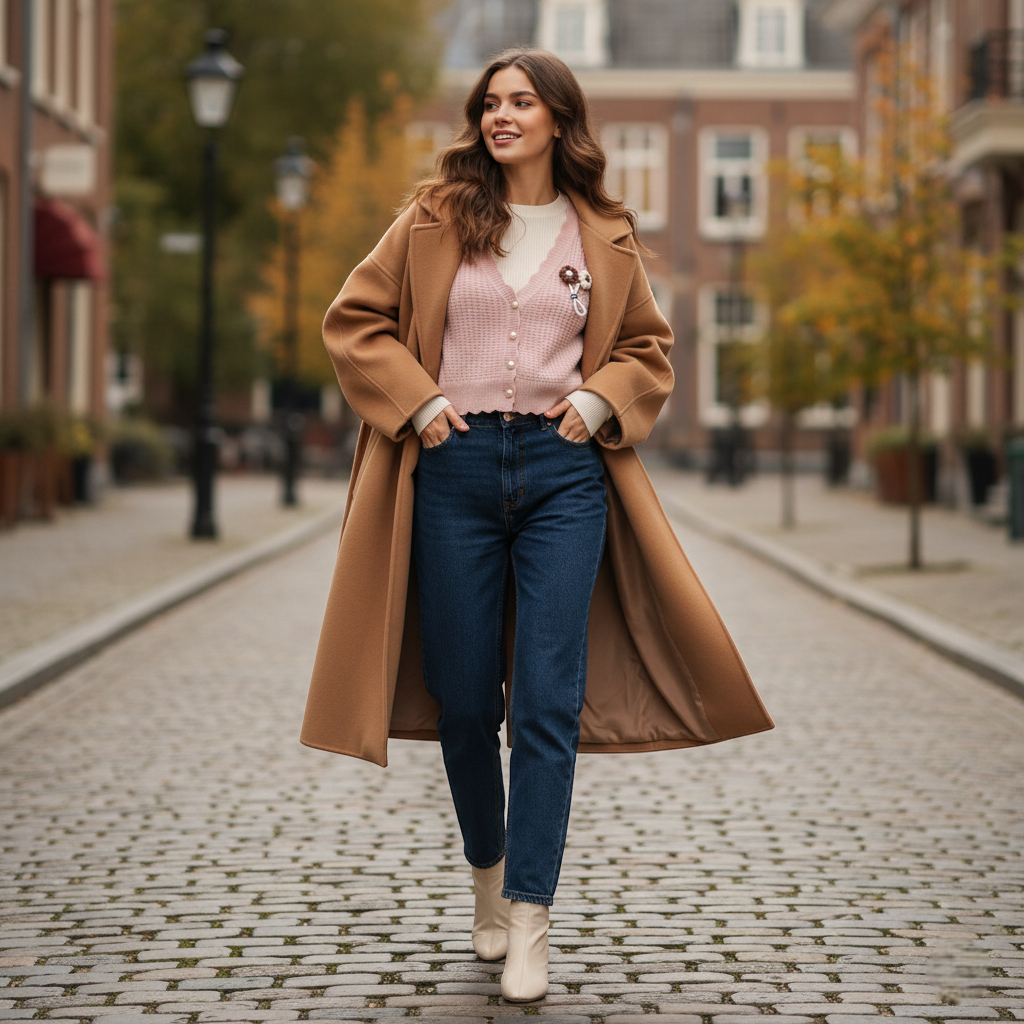 Pull sans manches rose chic en maille douce, porté avec un manteau camel et un jean droit. Image