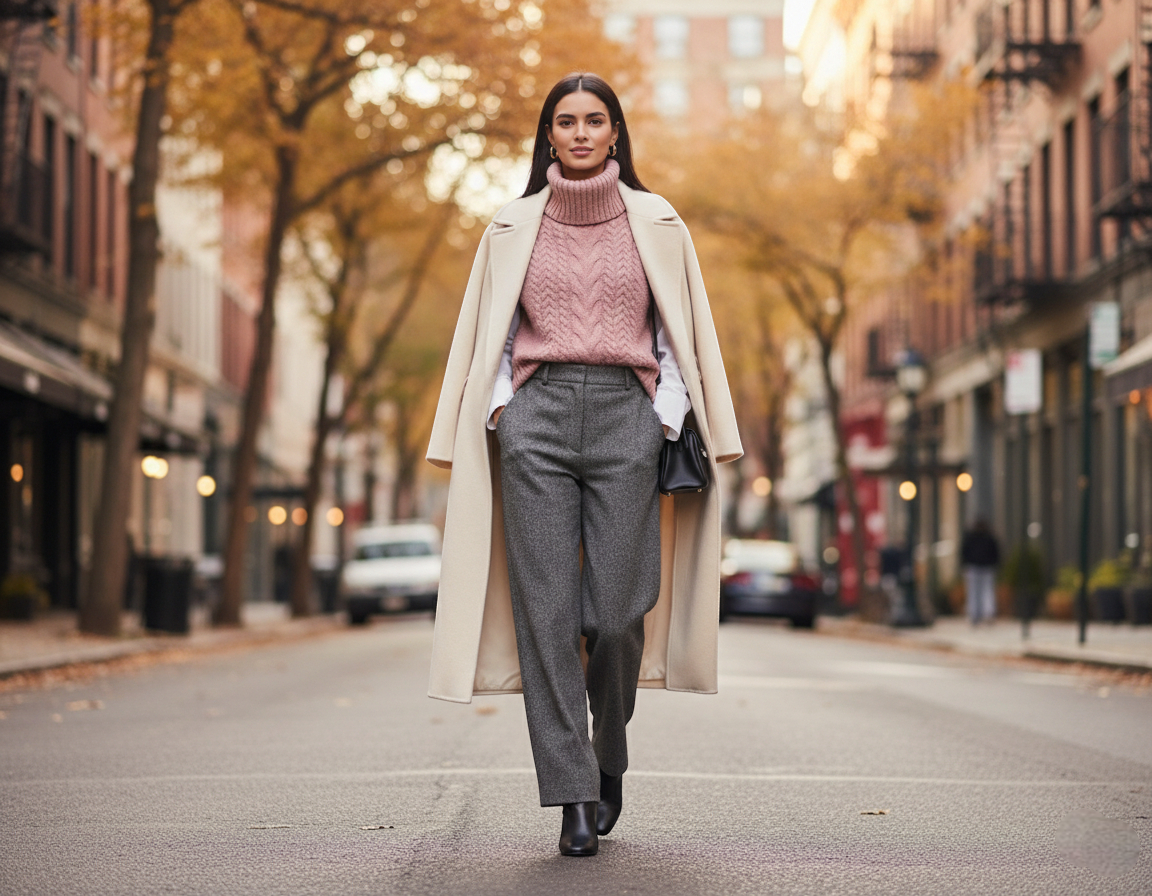 Pull sans manches rose col roulé en maille épaisse, porté avec chemise blanche et pantalon gris. Image