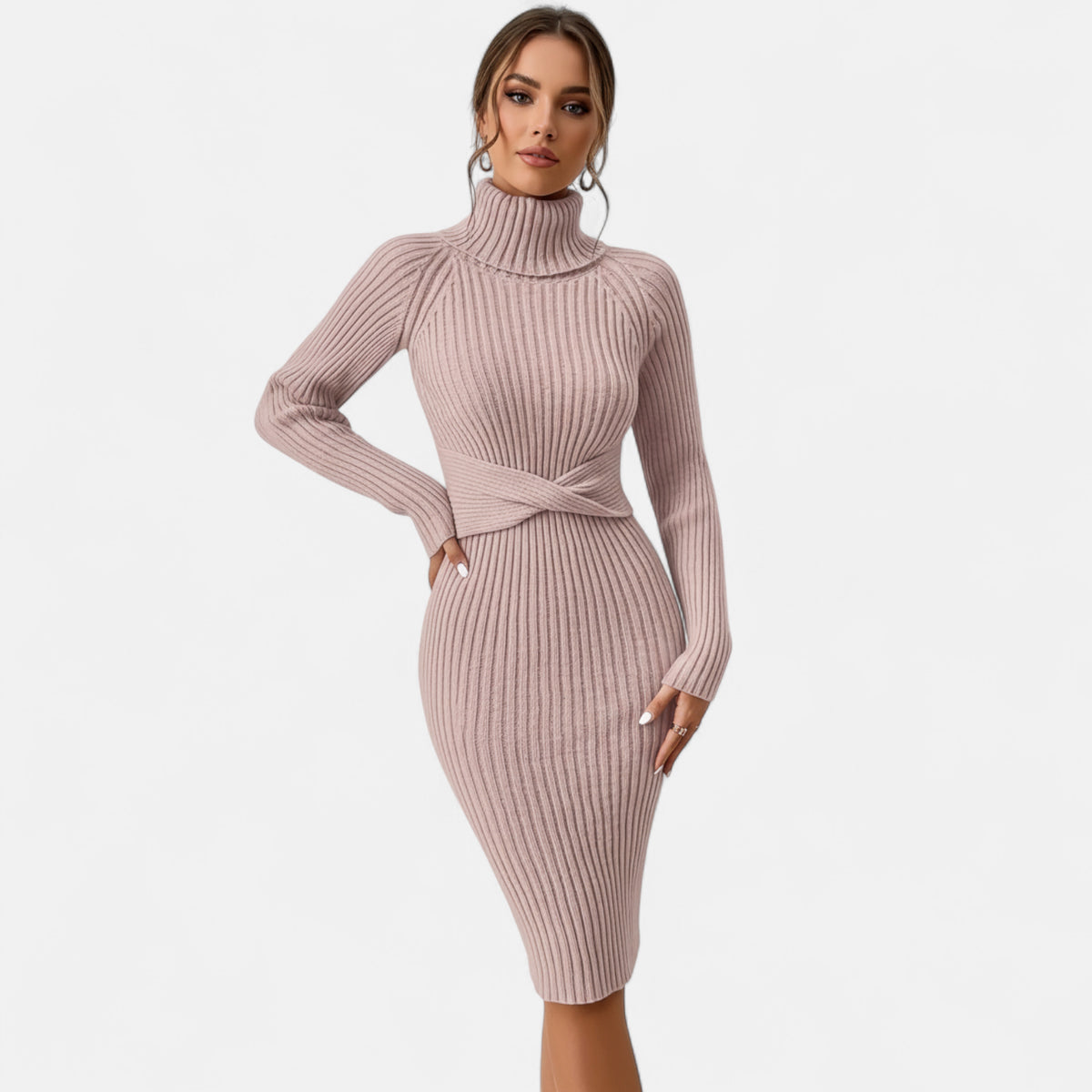 Robe pull col roulé rose