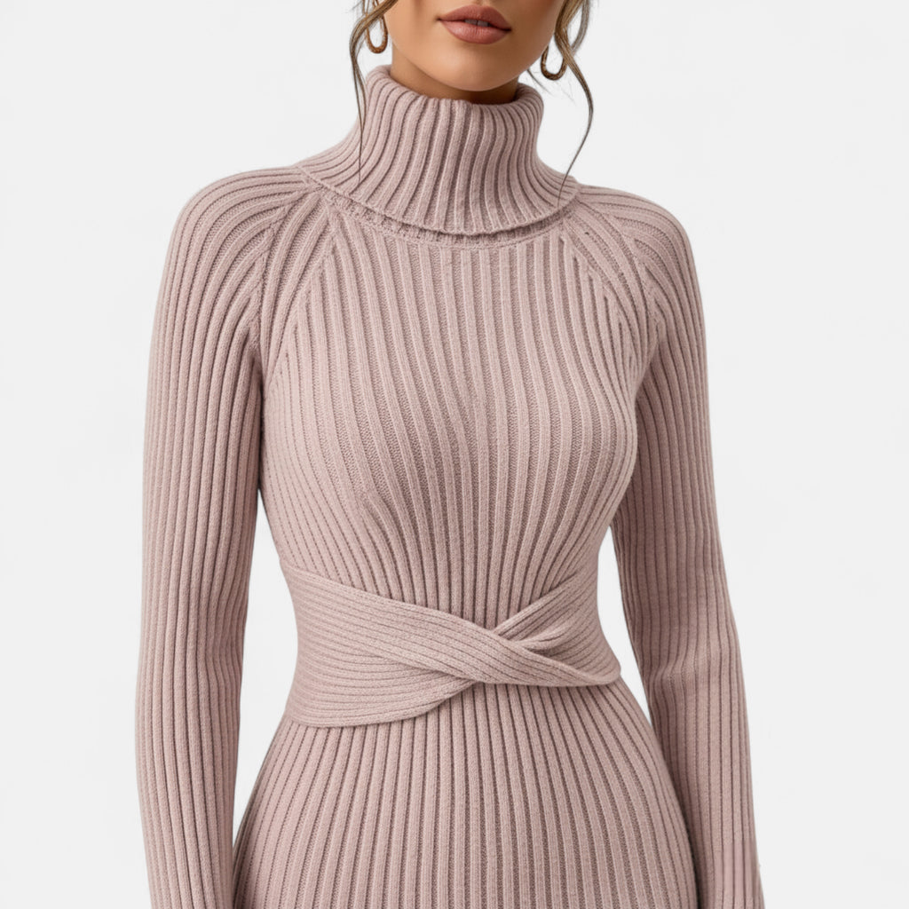 Robe pull col roulé rose