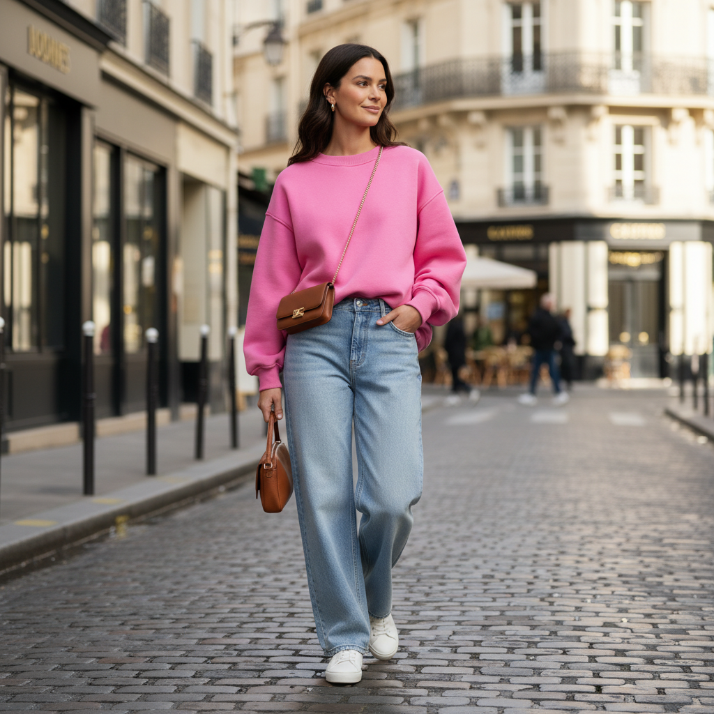 Pull rose oversize épais en coton, à manches longues, porté avec un jean large sur rue pavée. Image