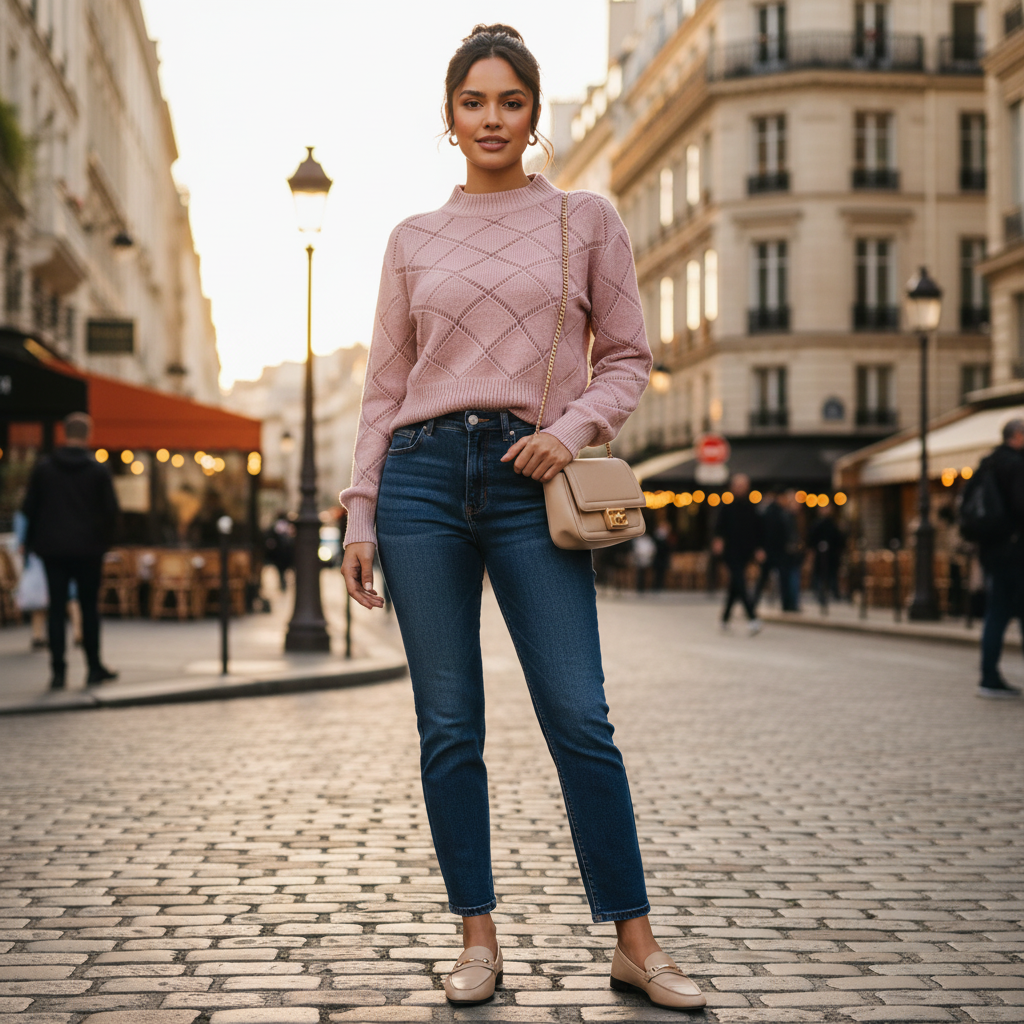 Pull rose poudré ajouré carré en maille fine, coupe droite, manches longues, col montant. Image