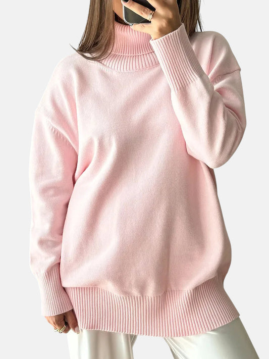 Pull col roulé femme rose pâle