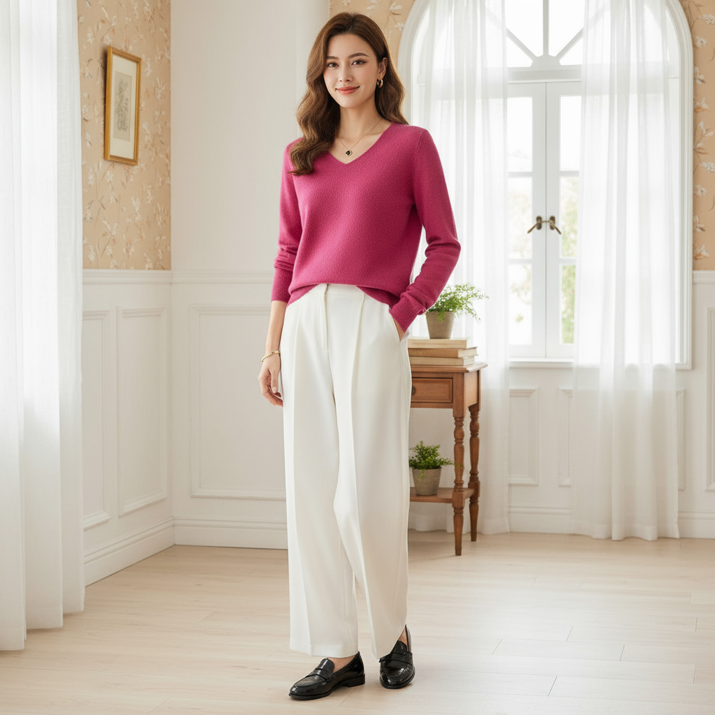 Pull en laine rose fushia à col en V, manches longues, porté avec un pantalon large blanc. Image