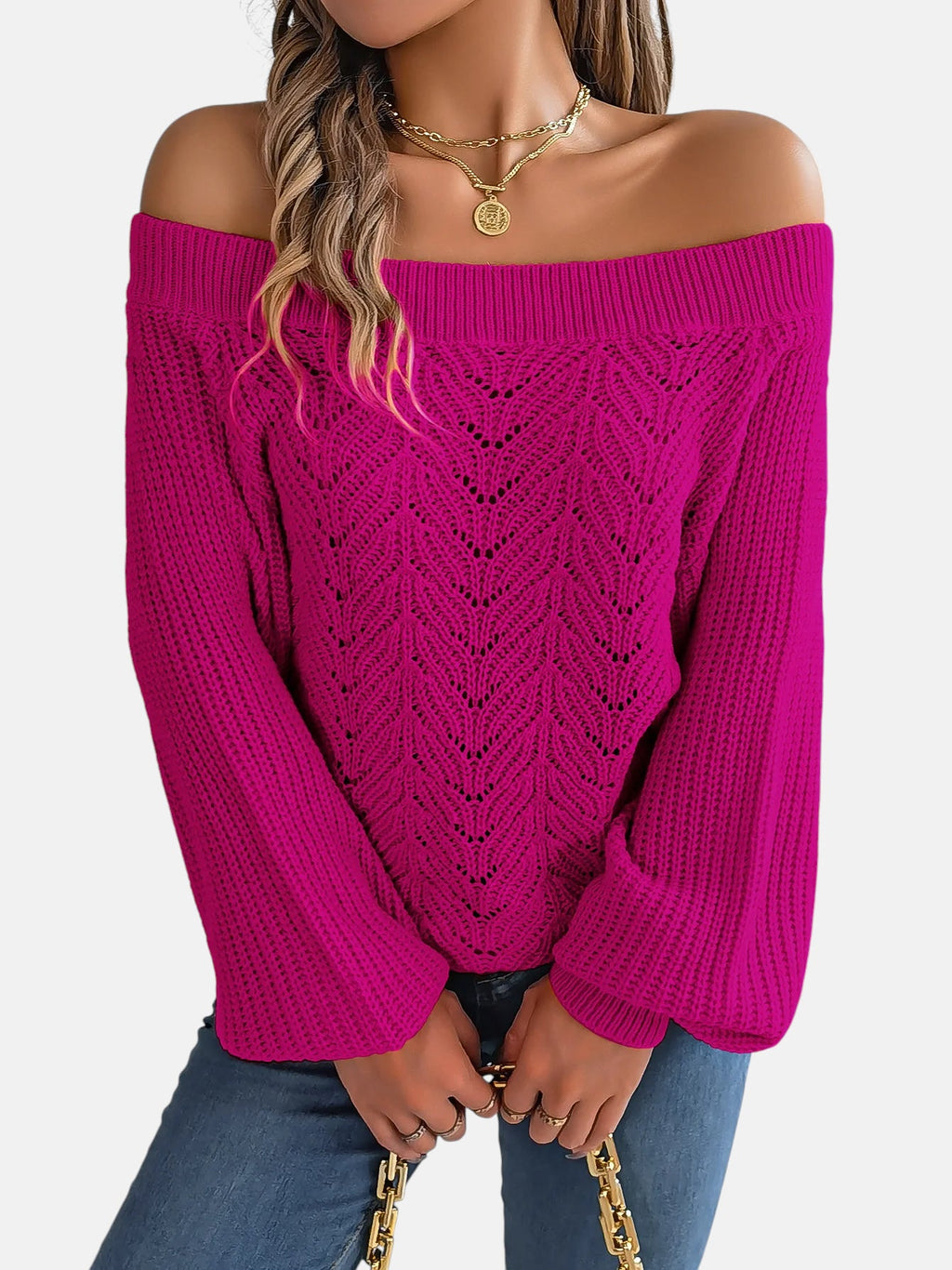 Pull fuchsia épaule dénudée