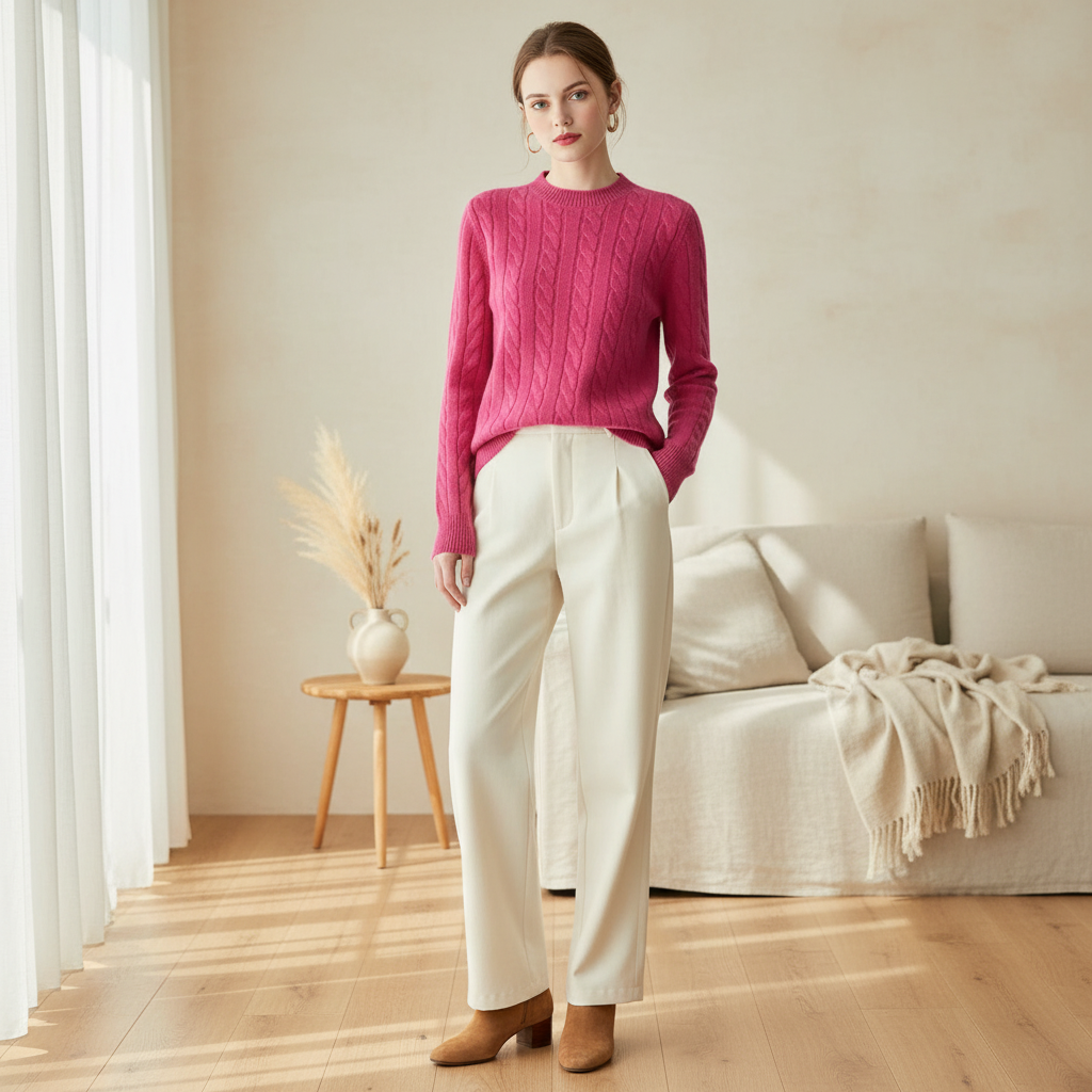 Pull laine rose fluo en maille torsadée, coupe droite, porté avec un pantalon crème élégant. Image