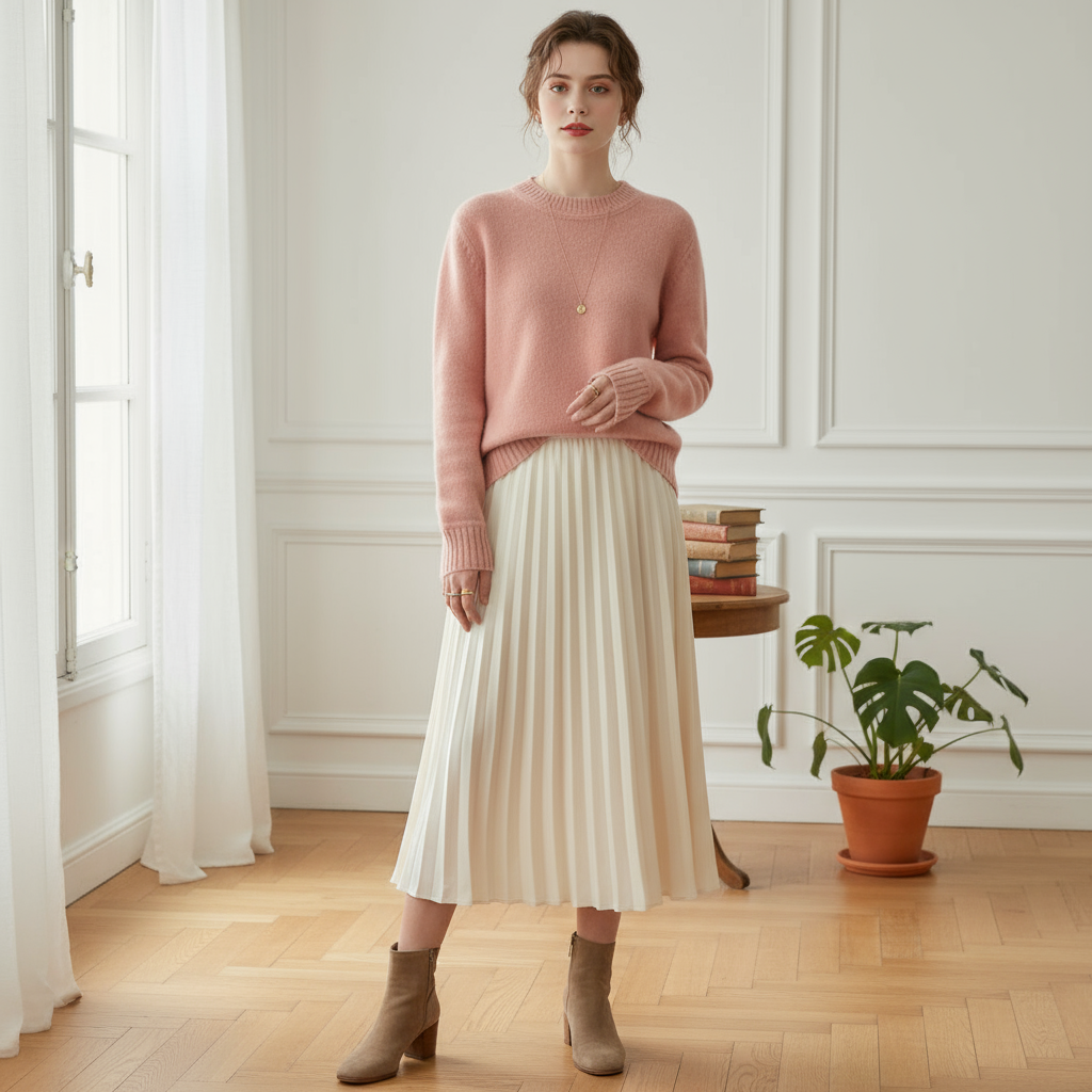 Pull laine rose pâle à col rond, en maille douce, porté avec une jupe plissée crème. Image