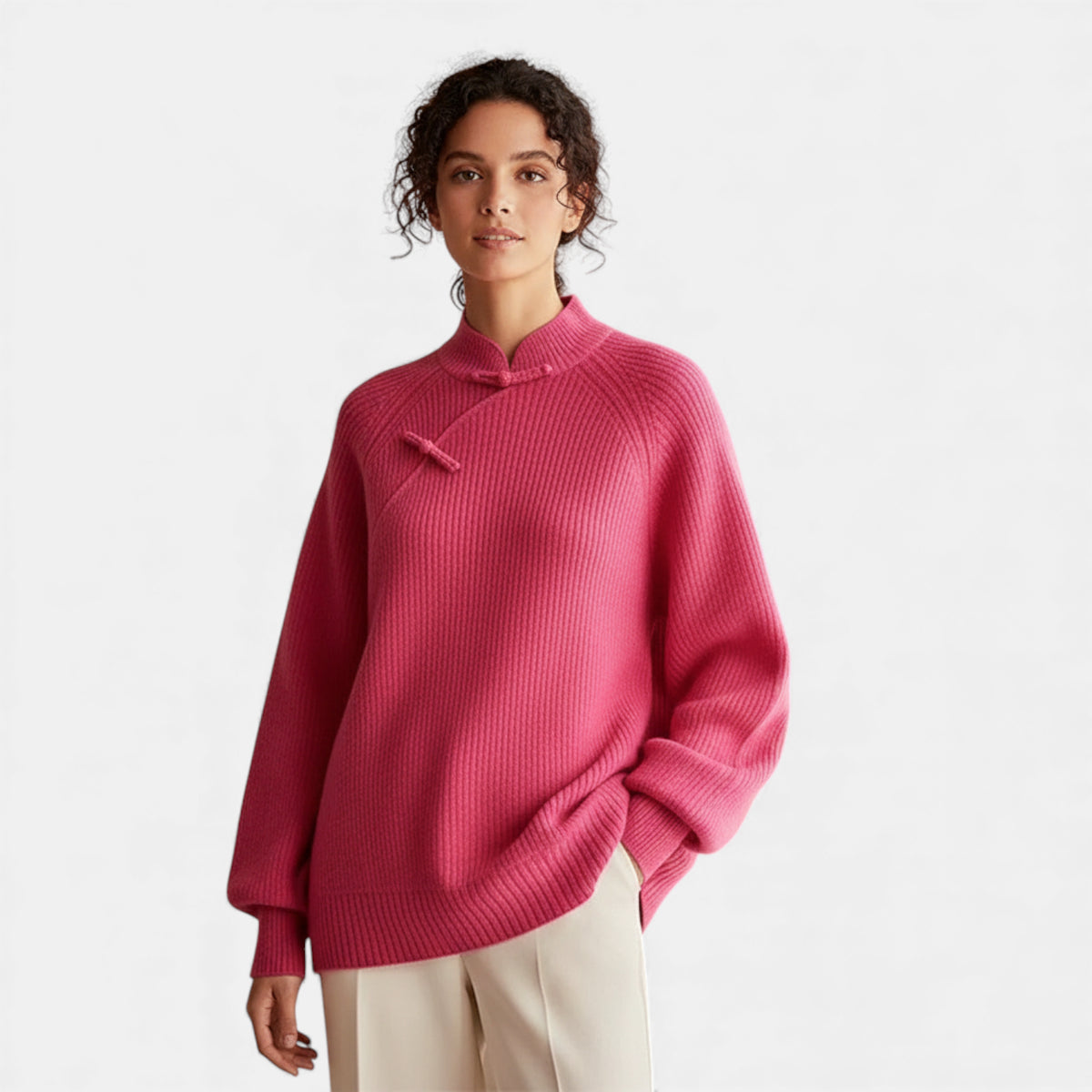Pull long femme rose