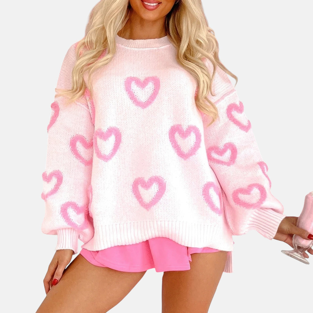 Pull oversize rose à cœurs