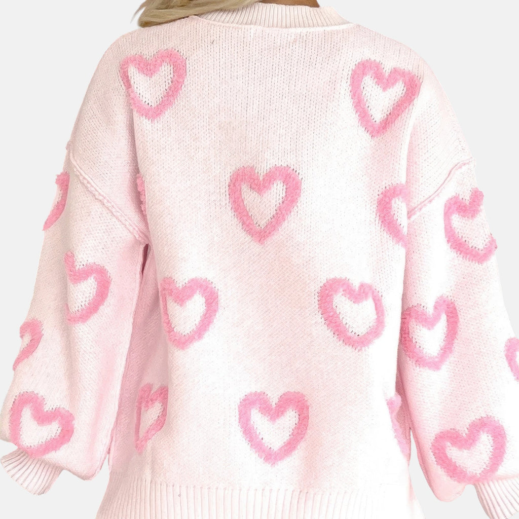 Pull oversize rose à cœurs