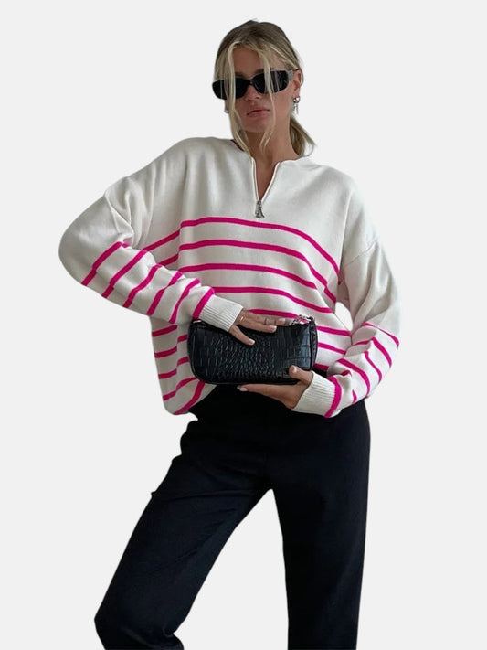 Pull rayé rose et blanc