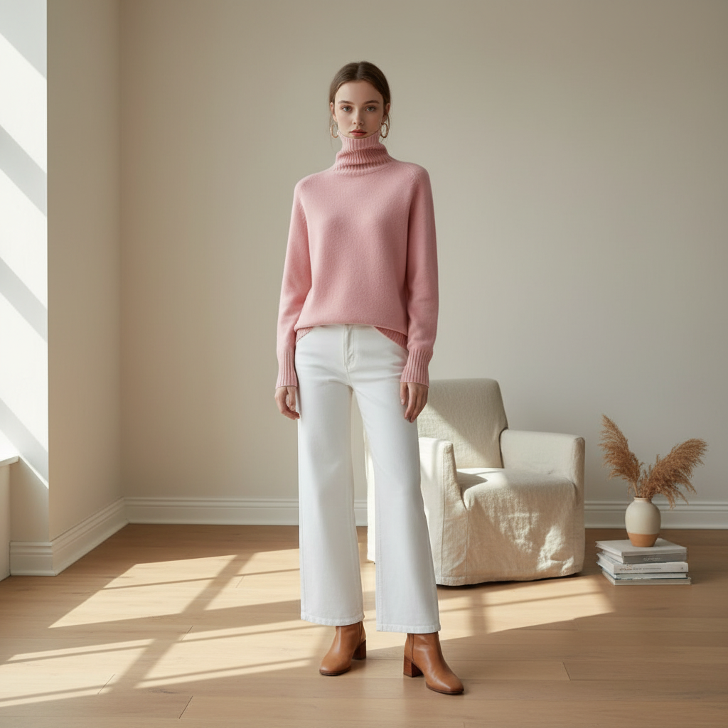 Pull rose clair en laine col roulé, maille douce, porté avec un pantalon blanc et bottines cuir. Image