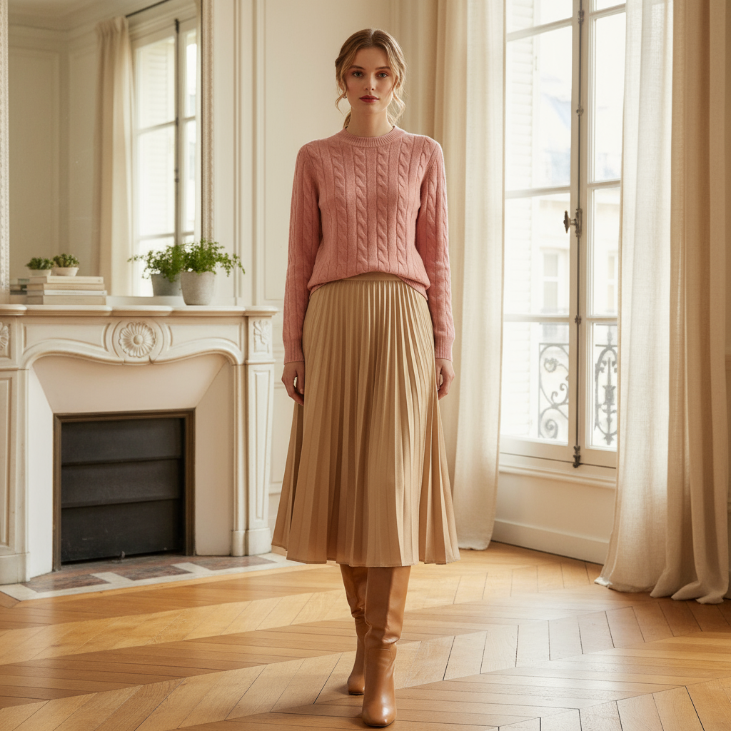 Pull rose clair laine torsadée à manches longues, porté avec une jupe plissée beige. Image