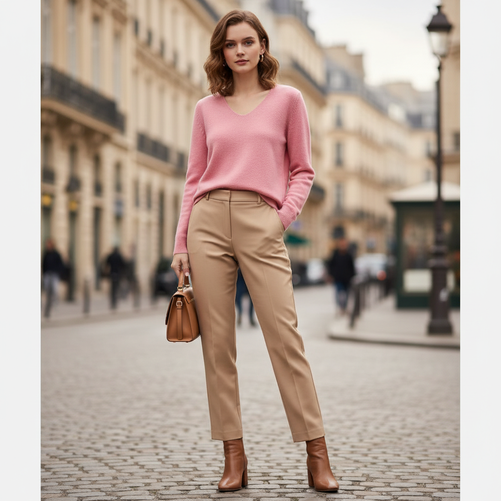 Pull rose en laine col V porté avec un pantalon beige et des bottines marron en cuir. Image