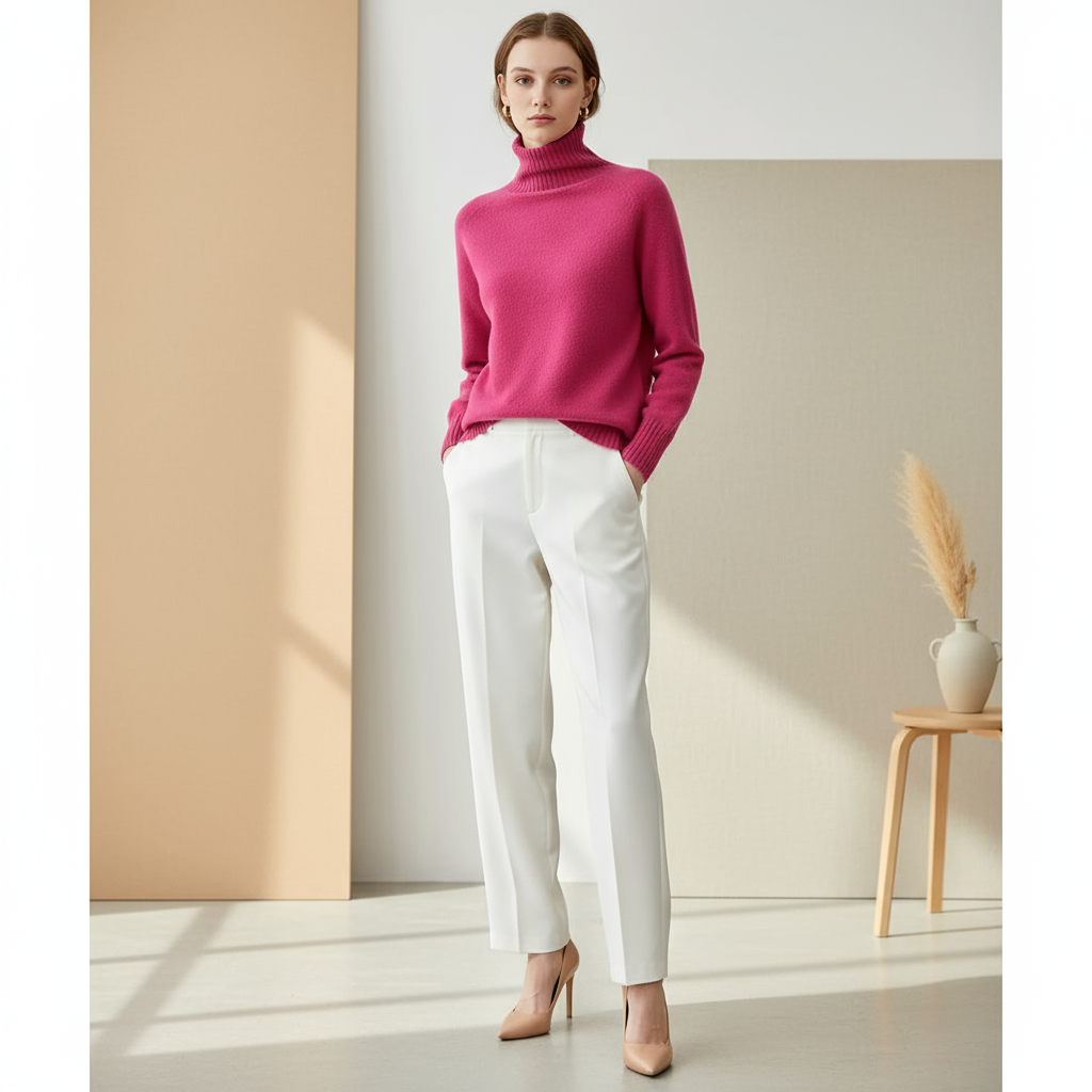 Pull rose fushia en laine col roulé porté avec un pantalon blanc droit et des escarpins beiges. Image