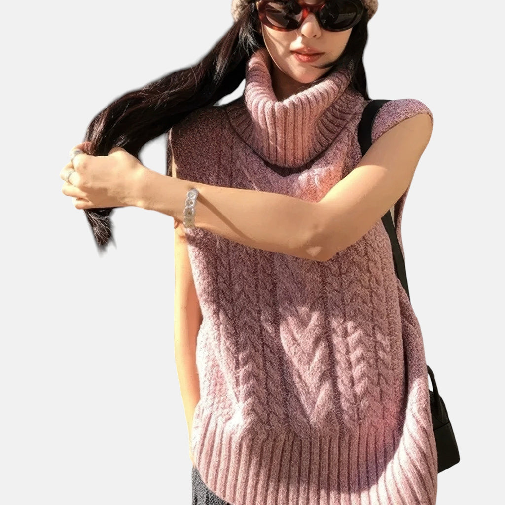 Pull sans manches rose col roulé