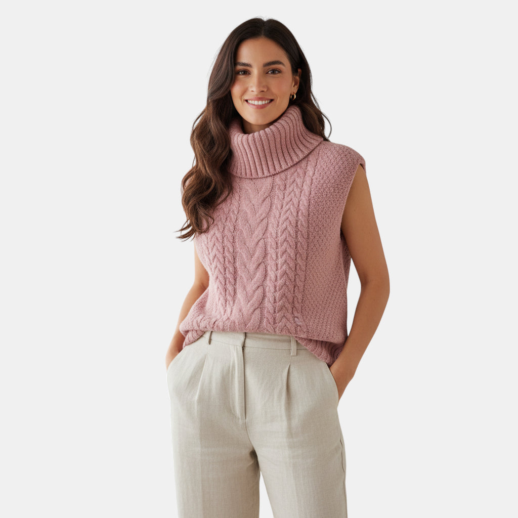 Pull sans manches rose col roulé