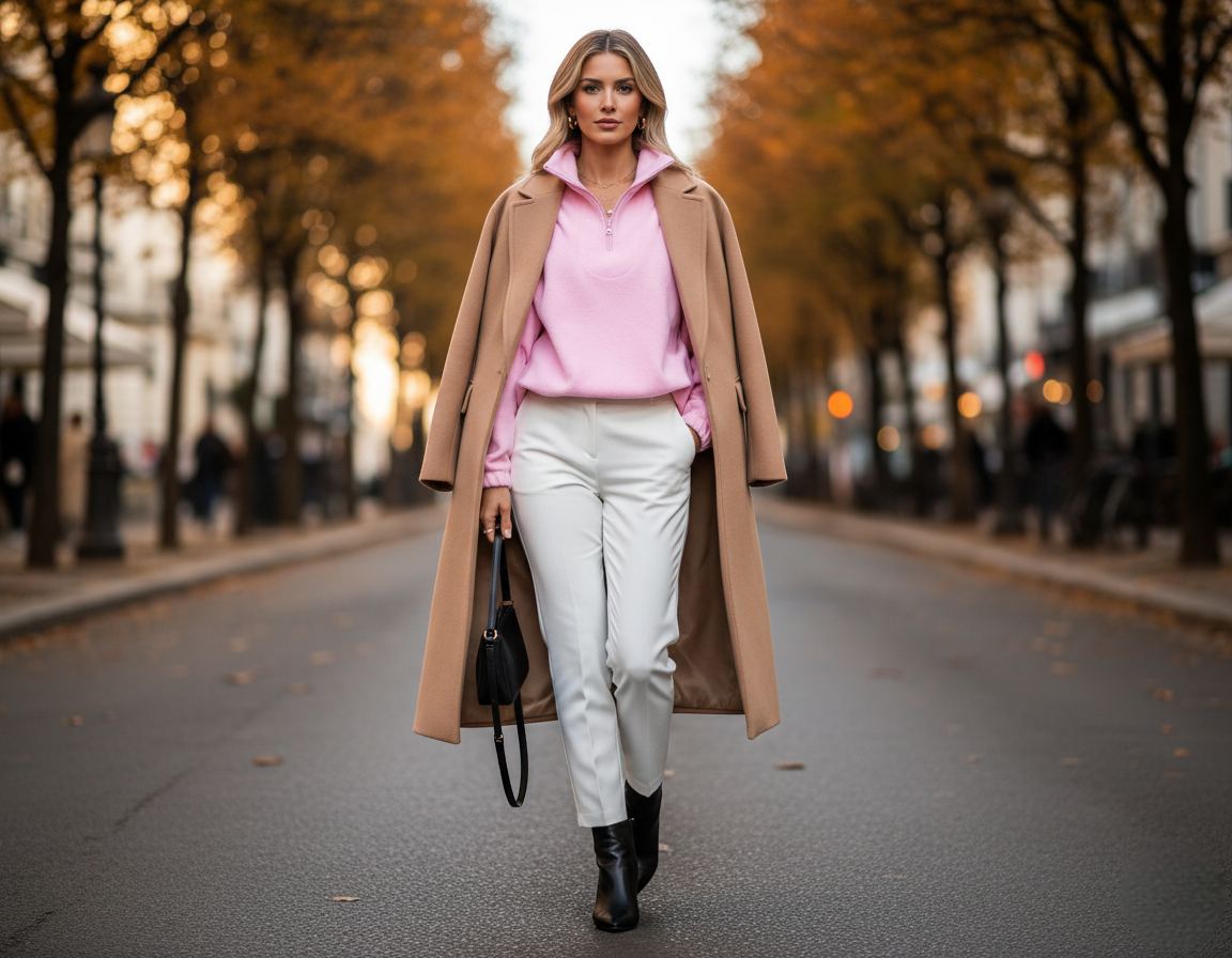 Pull à zip rose en maille douce porté avec un pantalon blanc et un manteau long camel en laine Image